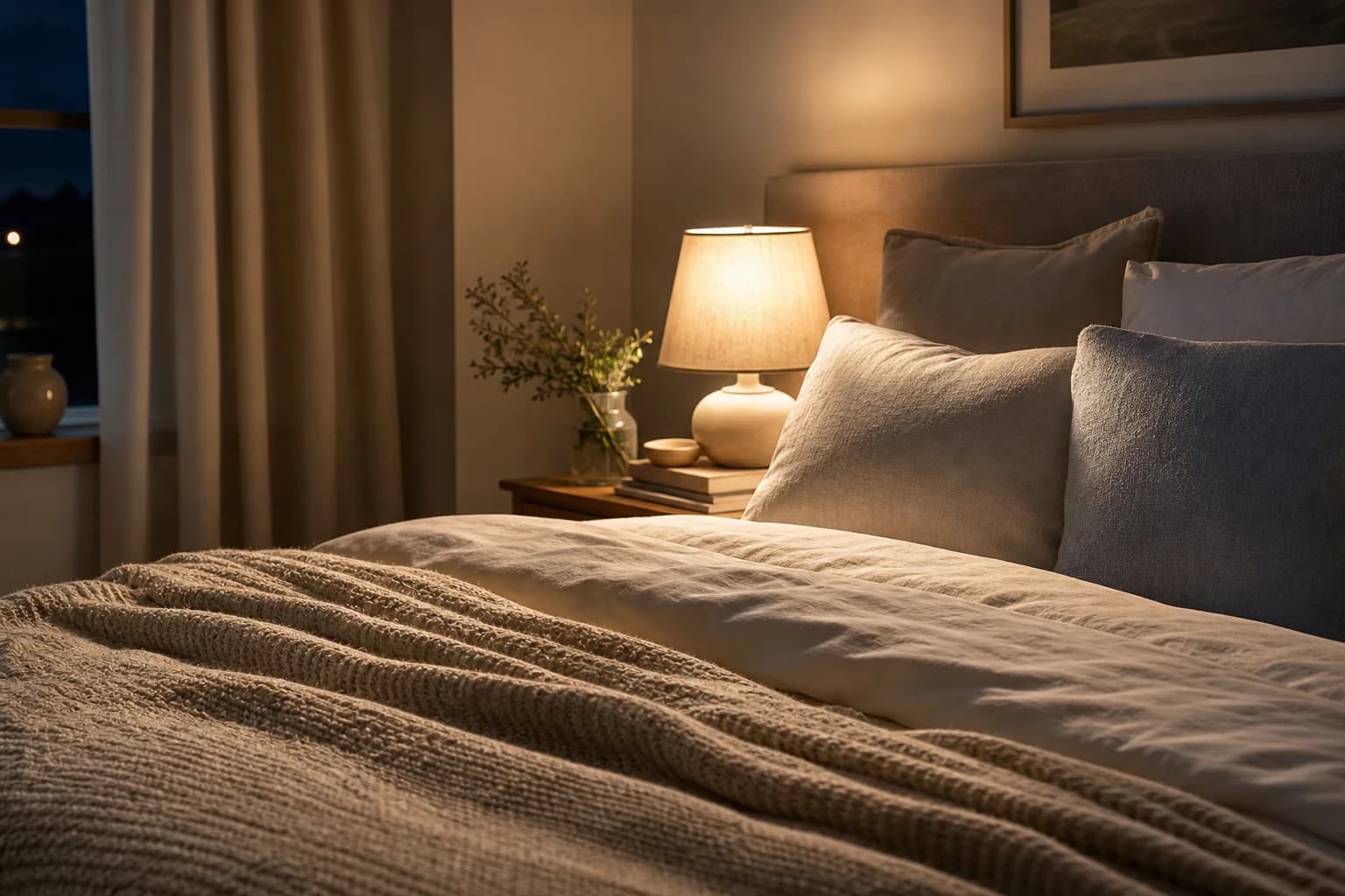 Rustige slaapkamer met warm licht