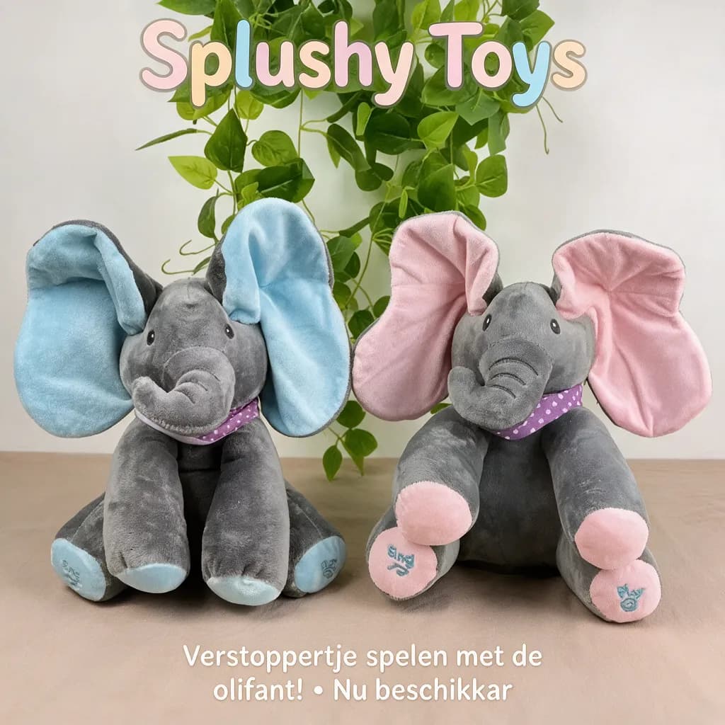Peek-a-Boo Olifant blauw en roze naast elkaar