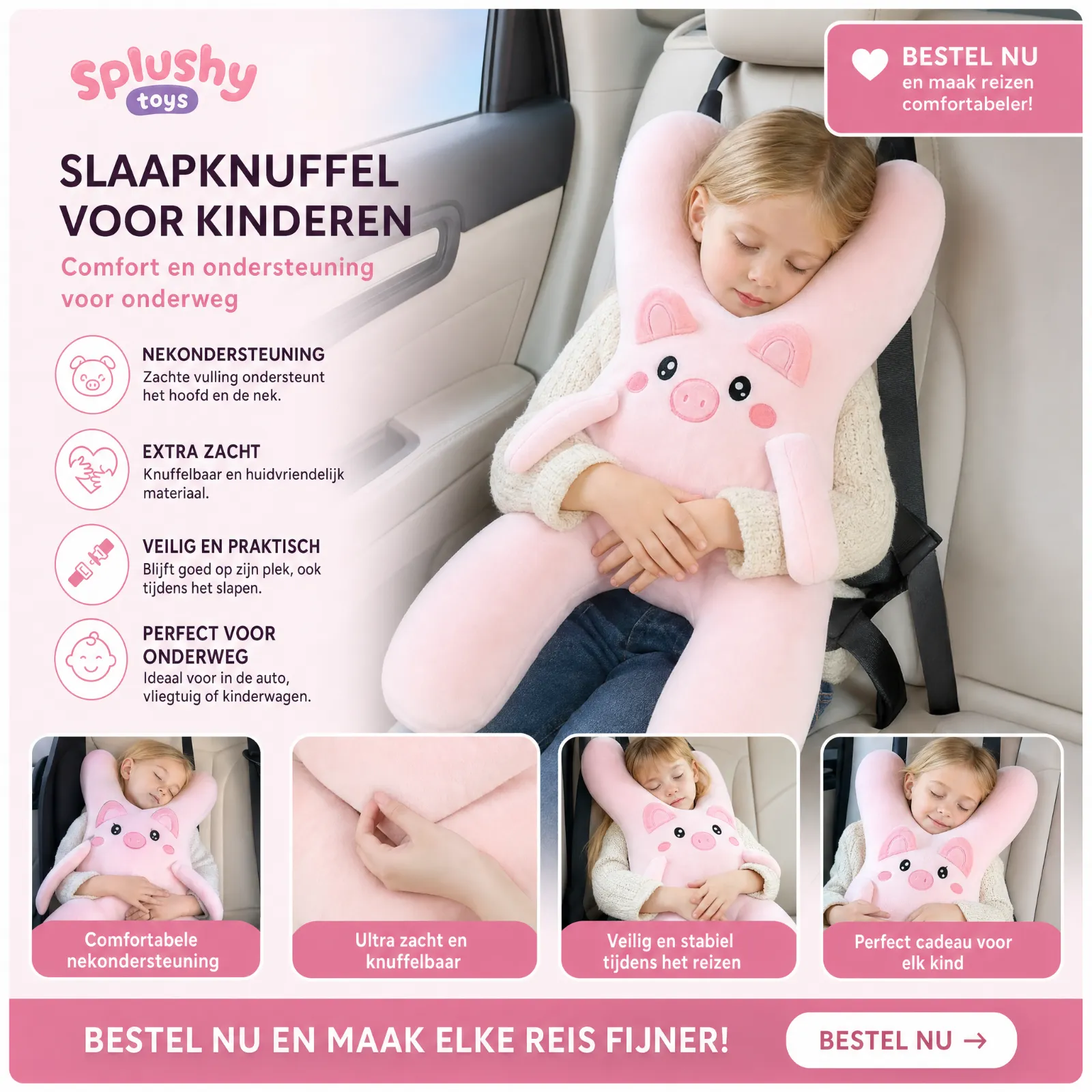 Splushy Car Pillow — zachte nekondersteuning voor kinderen onderweg